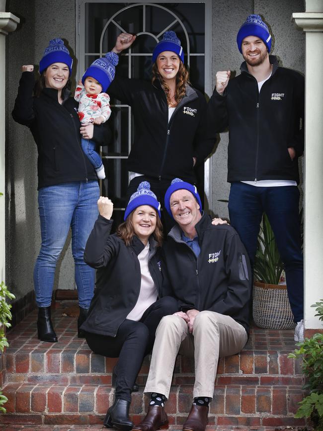 Neale Daniher and wife Jan with family Lauren Daniher and baby Rosie, Bec Daniher and Ben Daniher, who he says are his greatest achievements. Picture: David Caird