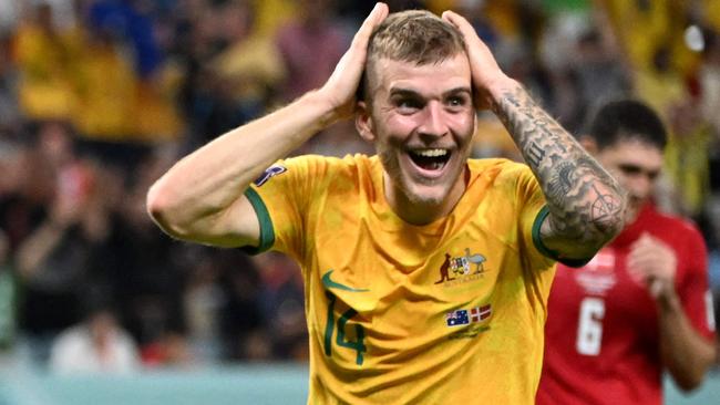 Riley McGree reacts to Mathew Leckie’s goal. Picture: Chandan Khanna/AFP