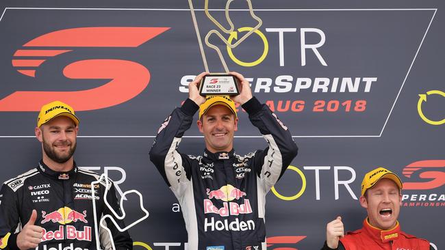 Shane van Gisbergen, winner Jamie Whincup and David Reynolds on the podium after race two of the Supercars SuperSprint at The Bend Motorsport Park. Picture: Daniel Kalisz/Getty Images