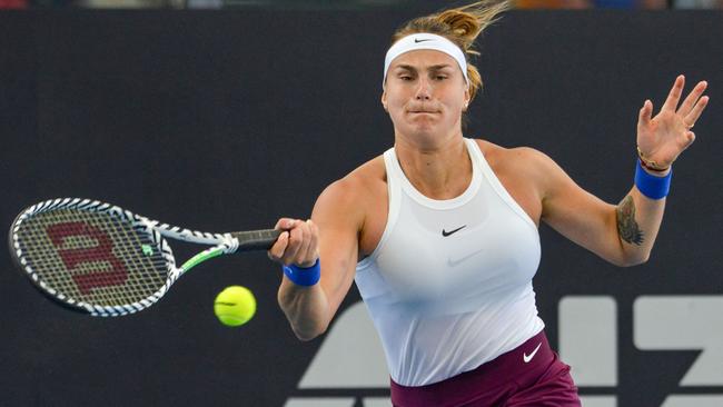 Aryna Sabalenka of Belarus hits a forehand against Simona Halep during her quarter-final win at the Adelaide International. Picture: AFP