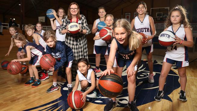 Then it was Labor’s turn … Boothby candidate Louise Miller-Frost with junior basketballers at the Marion basketball courts to announce Labor’s plan. Picture: Dean Martin