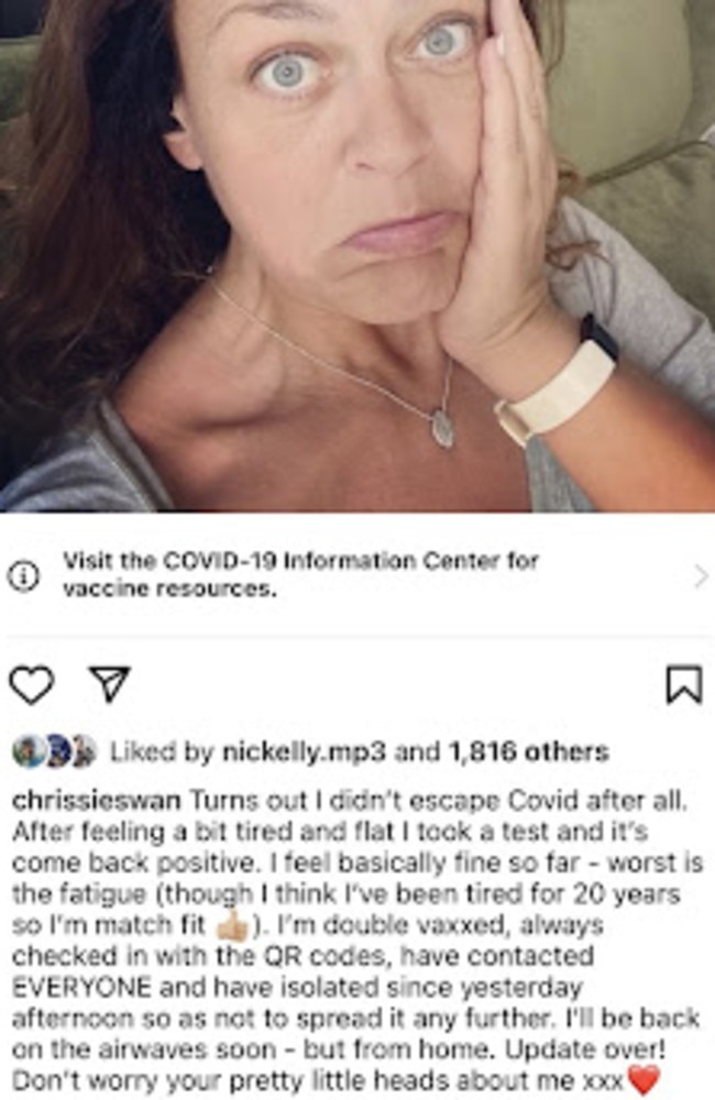 Swan shared her Covid-19 diagnosis with Instagram followers