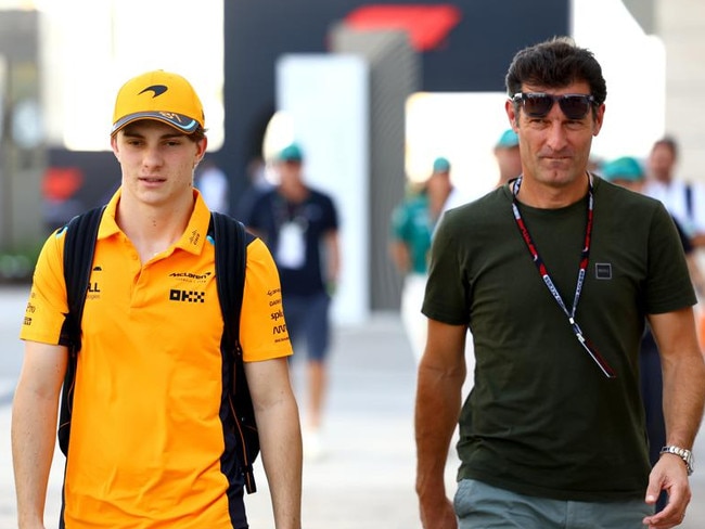 McLaren’s Oscar Piastri with manager, and Australian former F1 star, Mark Webber. Picture: Getty