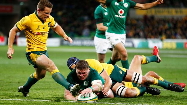 Tadgh Furlong of Ireland scores a try at AAMI Park in Melbourne.