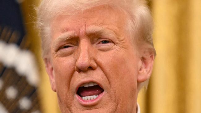 US President Donald Trump speaks during a ceremonial swearing-in for US Secretary of Commerce Howard Lutnick in the Oval Office of the White House in Washington, DC, on February 21, 2025. (Photo by Jim WATSON / AFP)