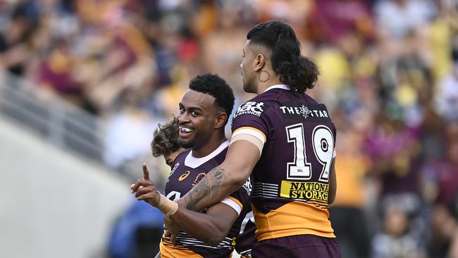 TOWNSVILLE, AUSTRALIA - AUGUST 05: Ezra Mam of The Broncos celebrates after scoring a try during the round 23 NRL match between North Queensland Cowboys and Brisbane Broncos at Qld Country Bank Stadium on August 05, 2023 in Townsville, Australia. (Photo by Ian Hitchcock/Getty Images)