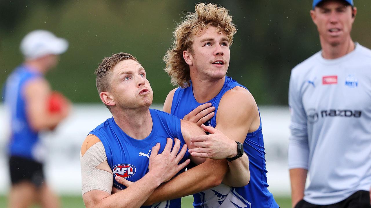 Skipper Jack Ziebell and No. 1 pick Jason Horne-Francis go head-to-head at training. Picture: Mark Stewart