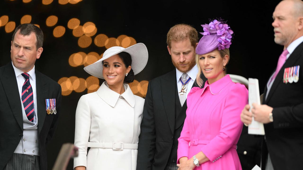 Mike Tindall (far right) alongside wife Zara Phillips, Prince Harry and Meghan Markle, and his brother-in-law Peter Phillips at St Paul’s Cathedral in June. Picture: Daniel Leal/Pool/AFP