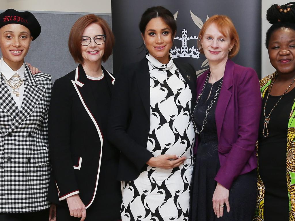 (L-R) Adwoa Aboah,  Julia Gillard, Meghan, Duchess of Sussex, Anne McElvoy and Angeline Murimirwa pose before the panel discussion. Picture: AFP