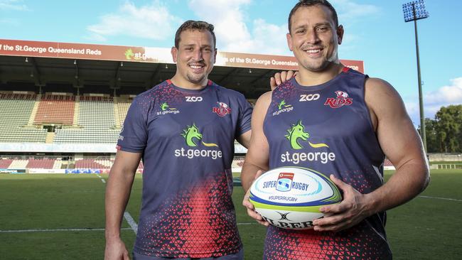 Supplied image of QLD Reds twins and fellow props JP (left) and Ruan Smith. Photo: Brendan Hertel, QRU