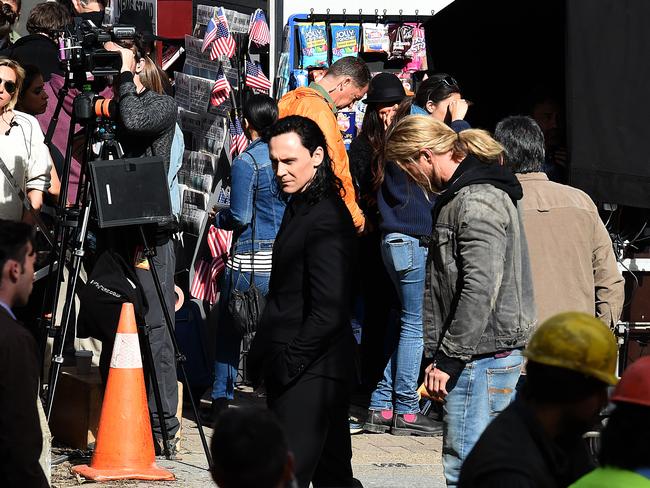 Hollywood actors Chris Hemsworth (right) and Tom Hiddleston act a scene during the filming of the movie Thor: Ragnarok in Brisbane. Picture: AAP