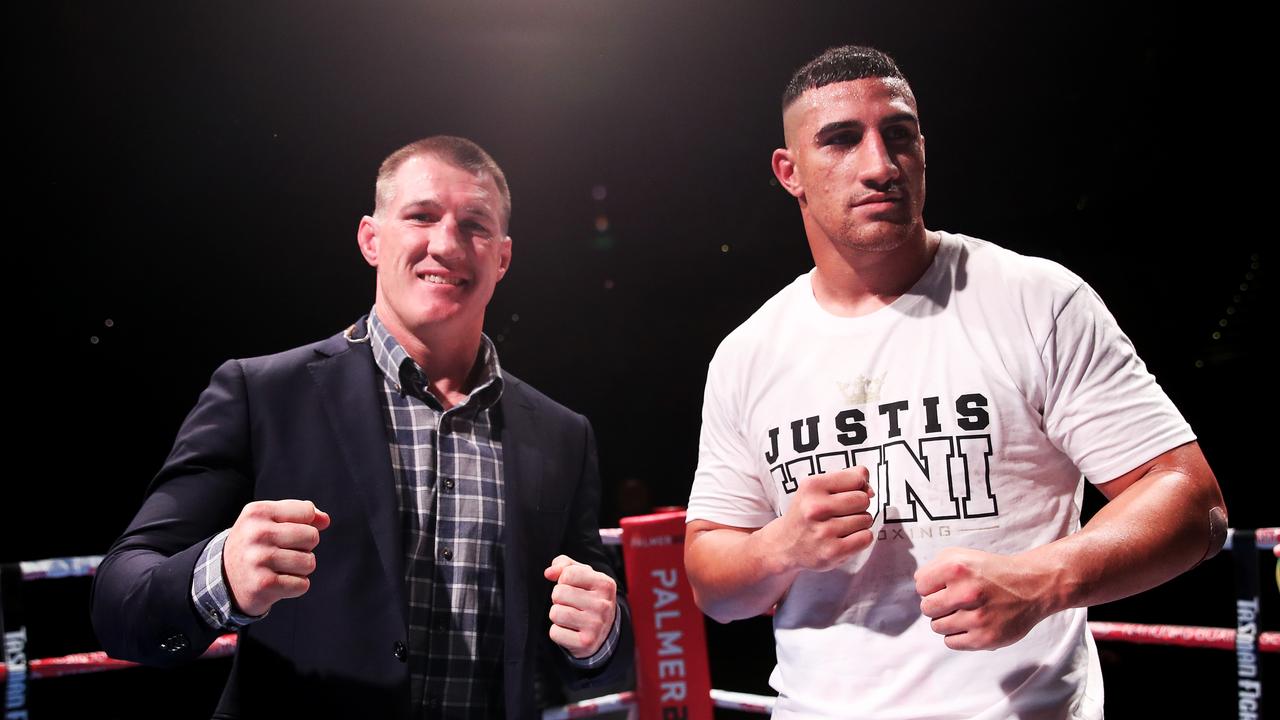 SYDNEY, AUSTRALIA - MAY 26: Paul Gallen (L) and Justis Huni (R) pose after the Australian Heavyweight bout between Justis Huni and Christian Tsoye at ICC Sydney on May 26, 2021 in Sydney, Australia. (Photo by Matt King/Getty Images)