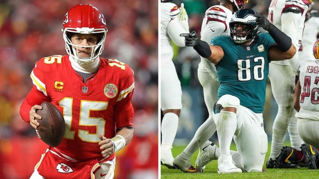 Patrick Mahomes and the Chiefs are looking for a three-peat against Australian Jordan Mailata's Eagles. Pictures: Getty