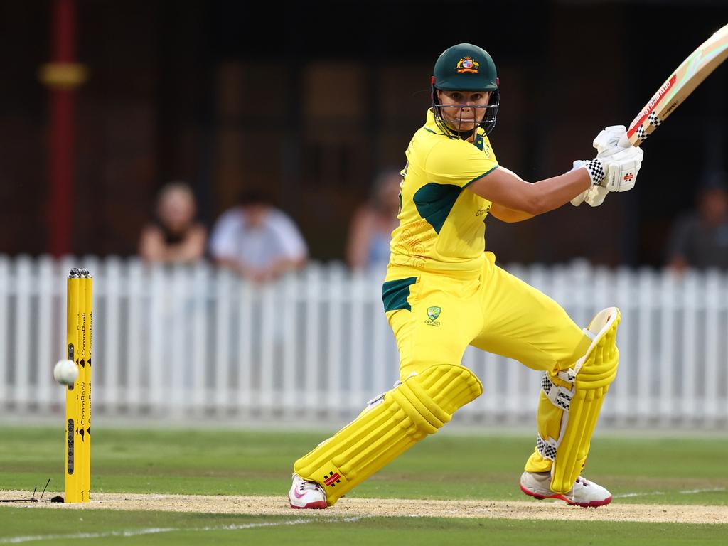 Georgia Voll plays a shot during her debut innings of 46 not out for Australia. Picture: Chris Hyde/Getty Images