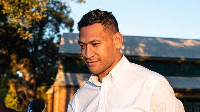 Israel Folau leaving the Kenthurst Uniting Church. Picture: Daily Telegraph/Flavio Brancaleone