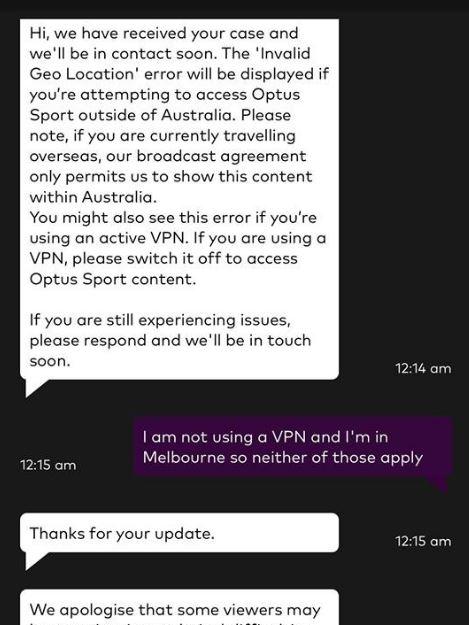 Optus customer query and response over World Cup streaming issues.