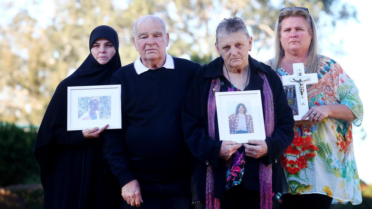 Shane Snellman’s family, sister Tina Hourani, John and Betty Snellman, and another sister, Tracy Trudgitt (right) as they laid him to rest in 2018. Picture: Hollie Adams/The Australian