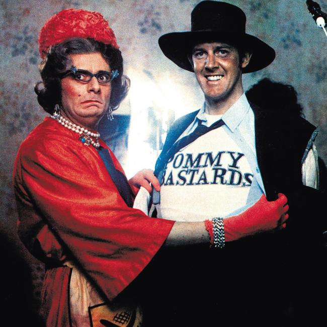 Barry Humphries, left, and Barry Crocker in the 1972 film The Adventures of Barry McKenzie.