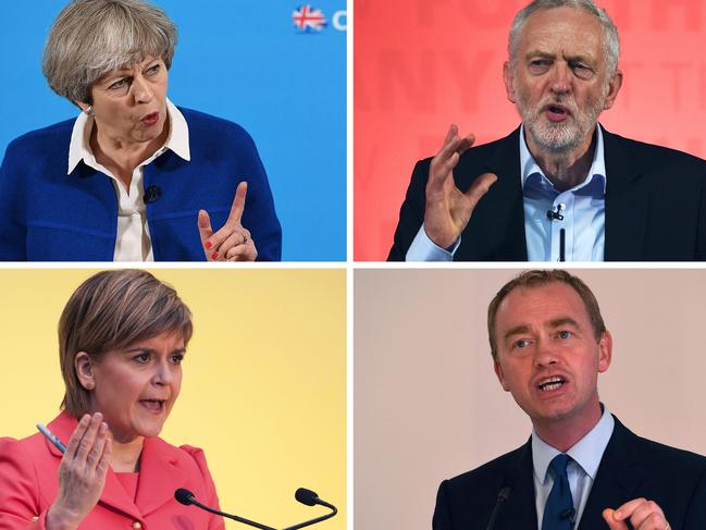 This combination of pictures made on June 6, 2017, shows Britain's Prime Minister and Leader of the Conservative party Theresa May (top L) on May 30, 2017 in Wolverhampton, Britain's main opposition Labour Party leader Jeremy Corbyn (top R) on May 22, 2017 in Kingston-upon-Hull, Scotland's First Minister and leader of the Scottish National Party Nicola Sturgeon (bottom L) on April 20, 2015 in Edinburgh, and Liberal Democrats leader Tim Farron (bottom R) on May 26, 2017 in Manchester. Britain goes to the polls to vote in a general election on June 8.  / AFP PHOTO