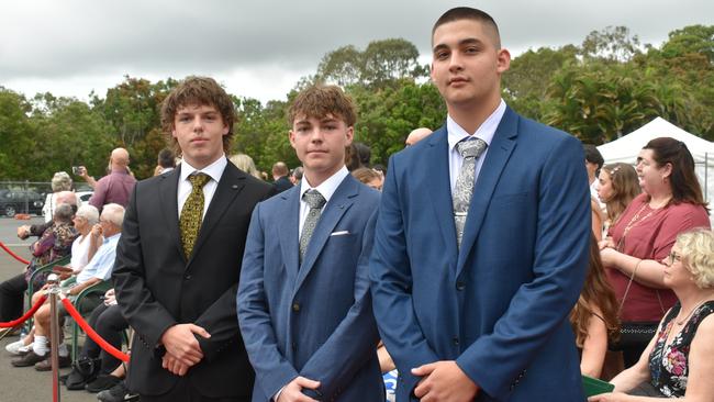 Patrick Dale, James McCluskey and Sullivan Devine at the Pacific Lutheran College Formal held at the Sunshine Coast Turf Club on November 15, 2024. Picture: Sam Turner