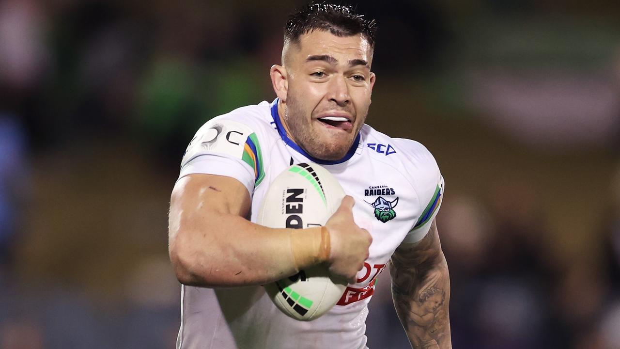 SYDNEY, AUSTRALIA - JUNE 23: Nick Cotric of the Raiders runs with the ball during the round 16 NRL match between Wests Tigers and Canberra Raiders at Campbelltown Stadium, on June 23, 2024, in Sydney, Australia. (Photo by Matt King/Getty Images)