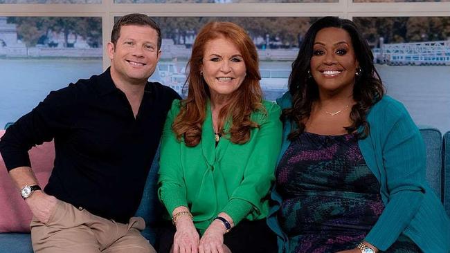 Sarah Ferguson, Duchess of York, co-hosting British breakfast program This Morning, alongside regular presenters Alison Hammond and Dermot O’Leary. The duchess has a long, eclectic television showreel. Picture: Twitter