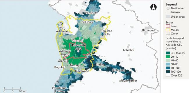 A map showing travel times across Adelaide suburbs and hills.