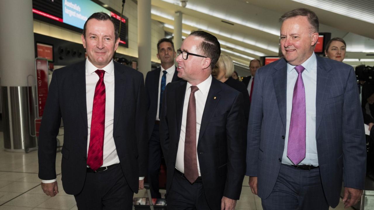 WA Premier Mark McGowan, then Qantas CEO Alan Joyce and then Federal Shadow Transport Minister Anthony Albanese are seen before the first direct flight to Heathrow airport from Perth in 2018. Picture: Perth Airport