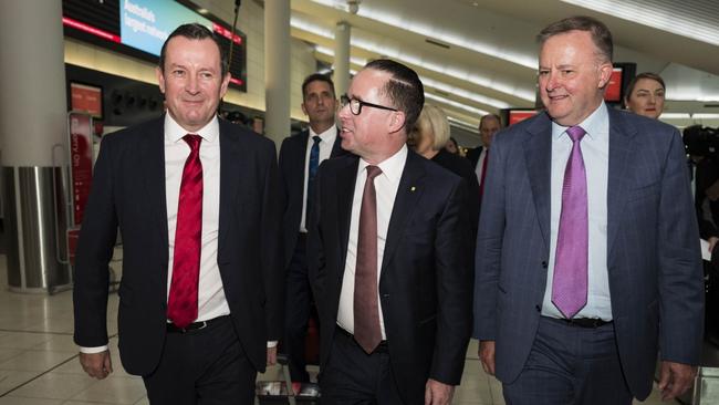 WA Premier Mark McGowan, then Qantas CEO Alan Joyce and then Federal Shadow Transport Minister Anthony Albanese are seen before the first direct flight to Heathrow airport from Perth in 2018. Picture: Perth Airport