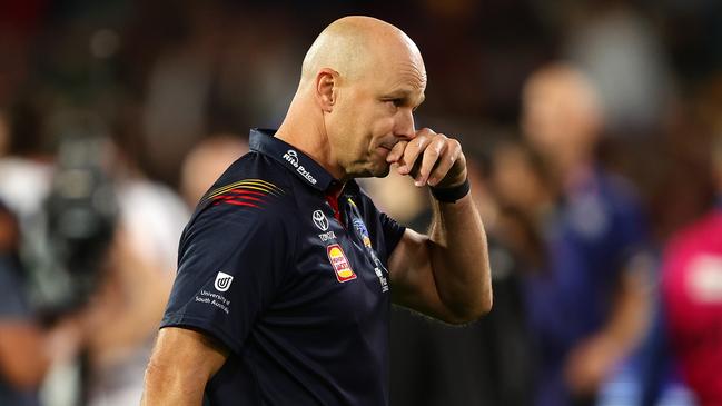 ADELAIDE, AUSTRALIA - MARCH 22: Matthew Nicks, Senior Coach of the Crows at 3 quarter time during the 2024 AFL Round 2 match between the Adelaide Crows and the Geelong Cats at Adelaide Oval on March 22, 2024 in Adelaide, Australia. (Photo by Sarah Reed/AFL Photos via Getty Images)