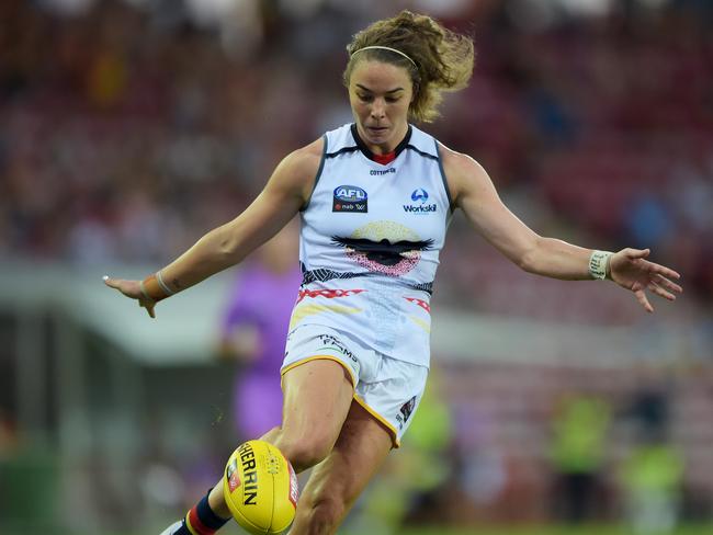 Adelaide Crows player Jenna McCormick gets boot to ball during Friday nights AFLW match at TIO Oval in Darwin, Northern Territory.Picture: Keri Megelus