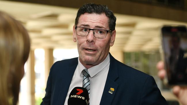 Mayor Troy Thompson speaks to media during confidential discussions. Picture: Shae Beplate.