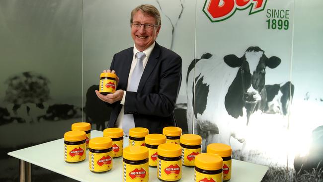 Bega boss Barry Irvin with Australian labelled Vegemite jars in Melbourne.