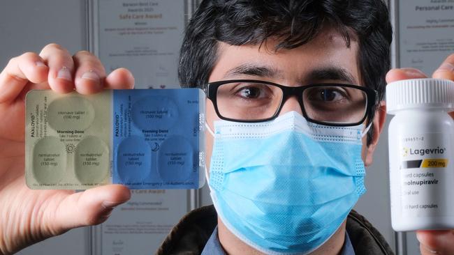 Their are new antiviral drugs available for Covid19 patients in Geelong .Pictured with the drugs ( left) PAXLOVID (both nirmatrelvir and ritonavir tablets) and Lagrevio molnupirivar    is Dr.  Arvind Yerramilli Picture: Mark Wilson