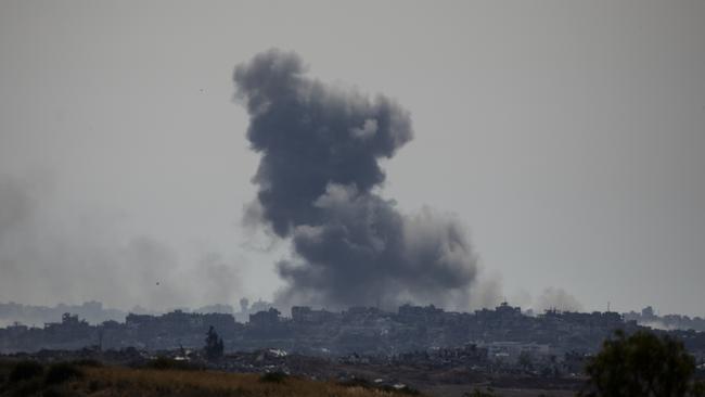 Smoke rise after an Israeli bombardment as seen from a position from the Israeli side of the border in Southern Israel. Picture: AFP