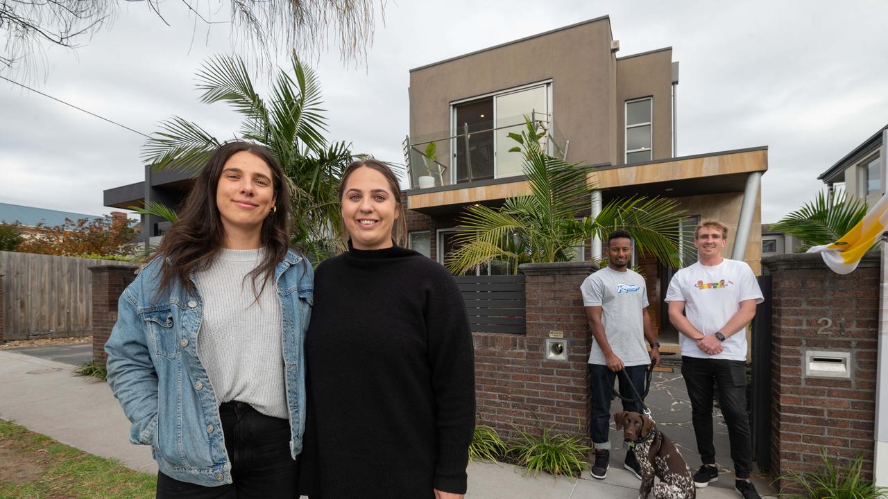 Sisters Alex and Stephanie Ford-Webb and their partners Abdul Yacin and Matthew Wilson at the property on Saturday. Picture: Tony Gough