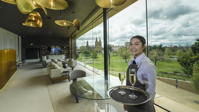 Waitress Emma Bromley at the new Oval Hotel in Adelaide, which is opening its doors to its first guests on Friday. Picture: Roy Van Der Vegt