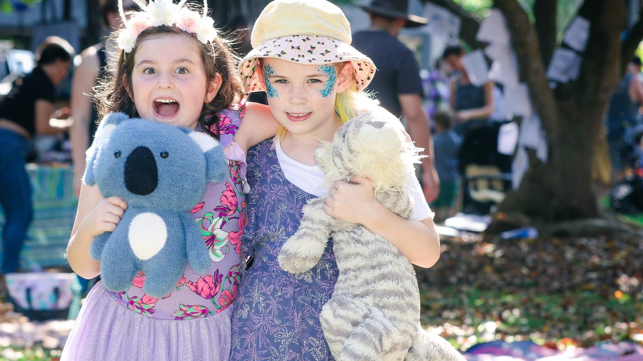 Louisa Ponte, 6, and Freya Burrell, 6, at the Darwin Festival’s Teddy Bears Picnic on the Esplanade. Picture: Glenn Campbell