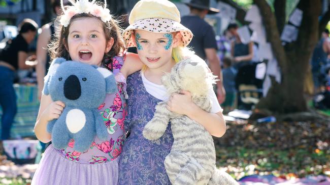 Louisa Ponte, 6, and Freya Burrell, 6, at the Darwin Festival’s Teddy Bears Picnic on the Esplanade. Picture: Glenn Campbell