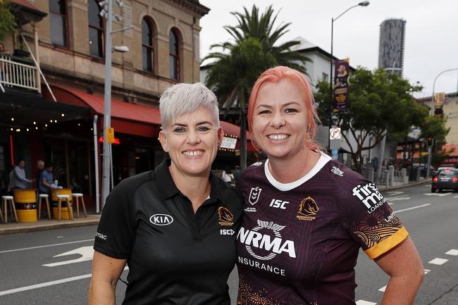 Khylie Paterson and Leisha Holm pictured at the Broncos v Rabbitohs, round 1, on Caxton Street, Brisbane 11th of March 2022. This is the first game for the BroncosÃ• season.