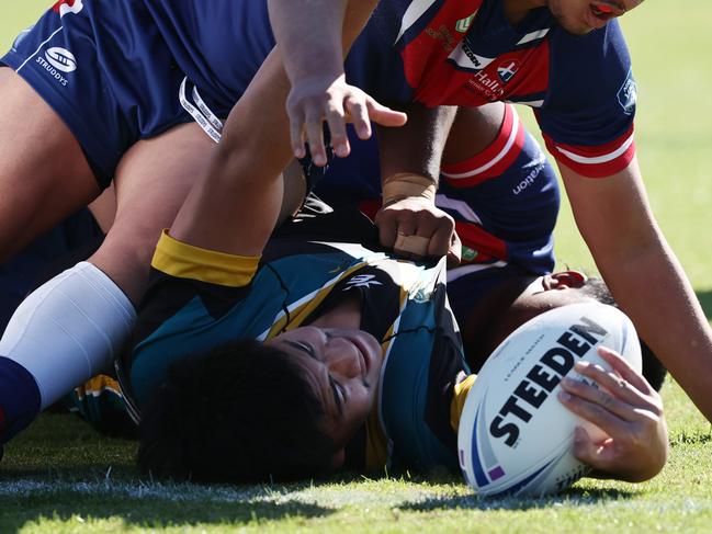 Elijah Po Ching scores for Vic Uni Secondary College last season during the NRL Schoolboys Cup. Picture: Michael Klein