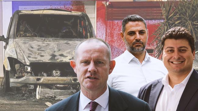 Sydney mayors Darcy Byrne, left, Ned Mannoun, centre, and Will Nemesh have announced the launch of a mayoral roundtable to respond to fraying social cohesion and recent anti-Semitic attacks, a scene of which is superimposed behind the three. Graphic: Frank Ling