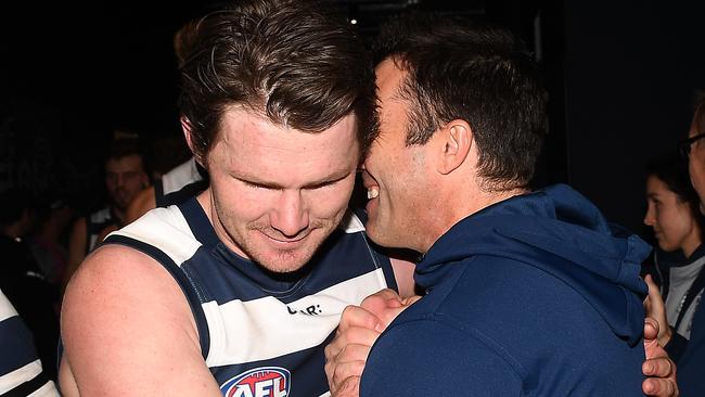 Dangerfield and Scott embrace after last Friday night’s win. Picture: AAP