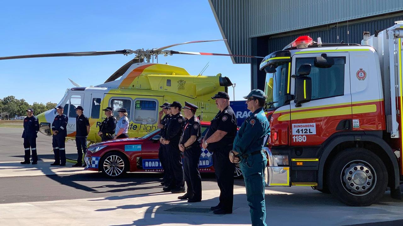 EMERGENCY CREWS ASSEMBLE: RACQ LifeFlight Rescue and emergency services join forces to launch Queensland Road Safety Week.