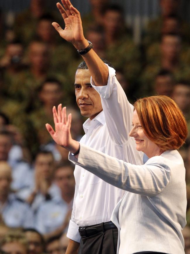 US President Barack Obama and Prime Minister Julia Gillard wave to the crowd during Mr Obama’s visit to Darwin in 2011. Picture: Alex Coppel/ News Limited