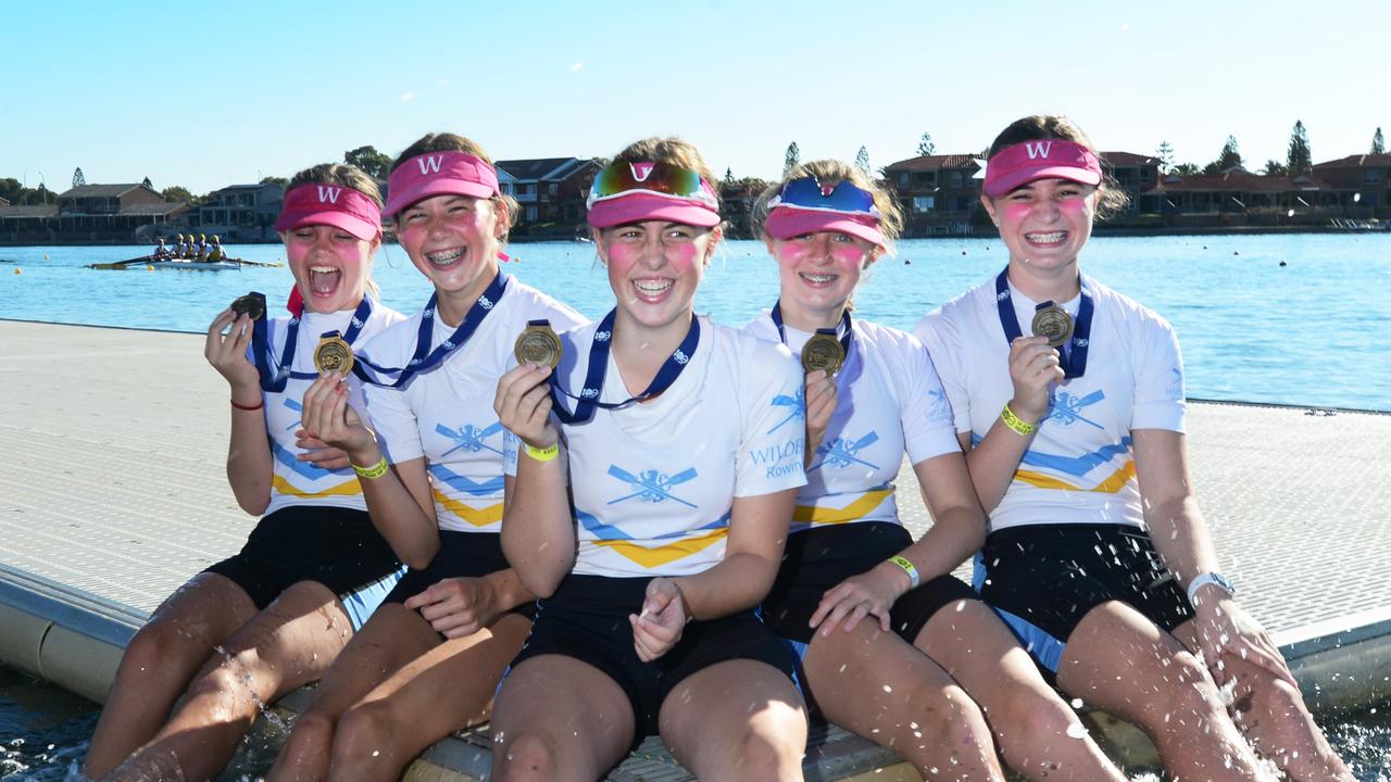 2022 Head of the River, West Lakes, Wilderness Rowing Club l-r Bridge Williams, 12, Zali Detmold, 13, Lily Nicholls, 13, Isobel Flowers, 12, and Amelia Adam, 13 with Gold medals on 19th March 2022. Picture: Michael Marschall