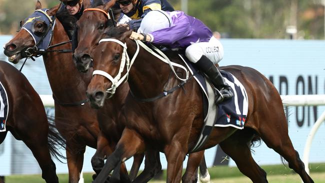 SYDNEY, AUSTRALIA - MARCH 22: James Mcdonald riding Broadsiding win Race 6 Sky Racing Rosehill Guineas during the "TAB Golden Slipper" - Sydney Racing at Rosehill Gardens on March 22, 2025 in Sydney, Australia. (Photo by Jeremy Ng/Getty Images)