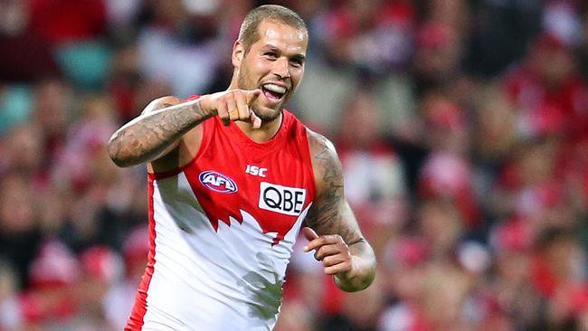 Lance Franklin celebrates a goal. Picture: Getty Images.