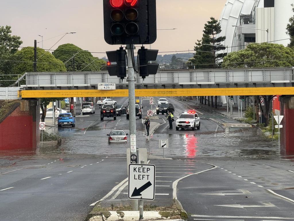 A flooded underpass beside GMHBA Stadium in Geelong.