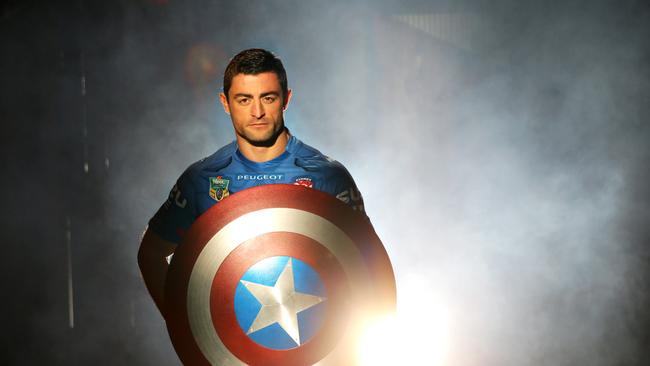 Rooster Anthony Minichiello in his Captain America strip during the filming for NRL players as Marvel Comics super heroes .Picture Gregg Porteous